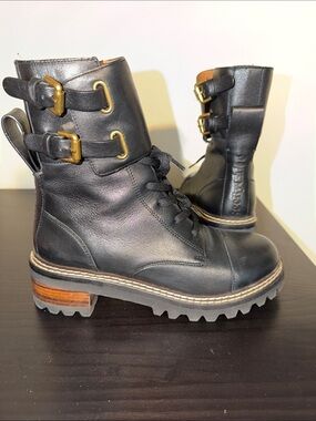 See By Chloé Black Leather Lace-Up Combat Boots with Gold Buckles 37.5